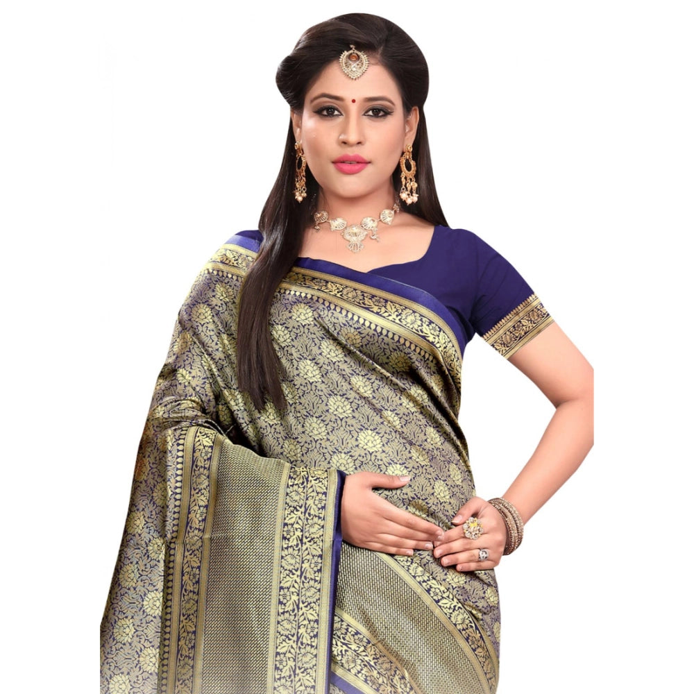Women's Banarasi silk Saree with Blouse (Navy blue, 5-6mtr),