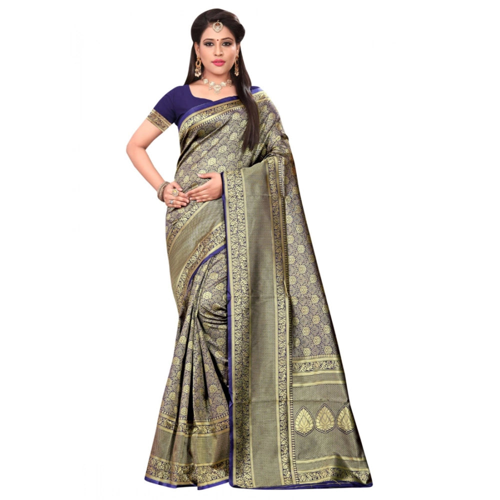 Women's Banarasi silk Saree with Blouse (Navy blue, 5-6mtr),