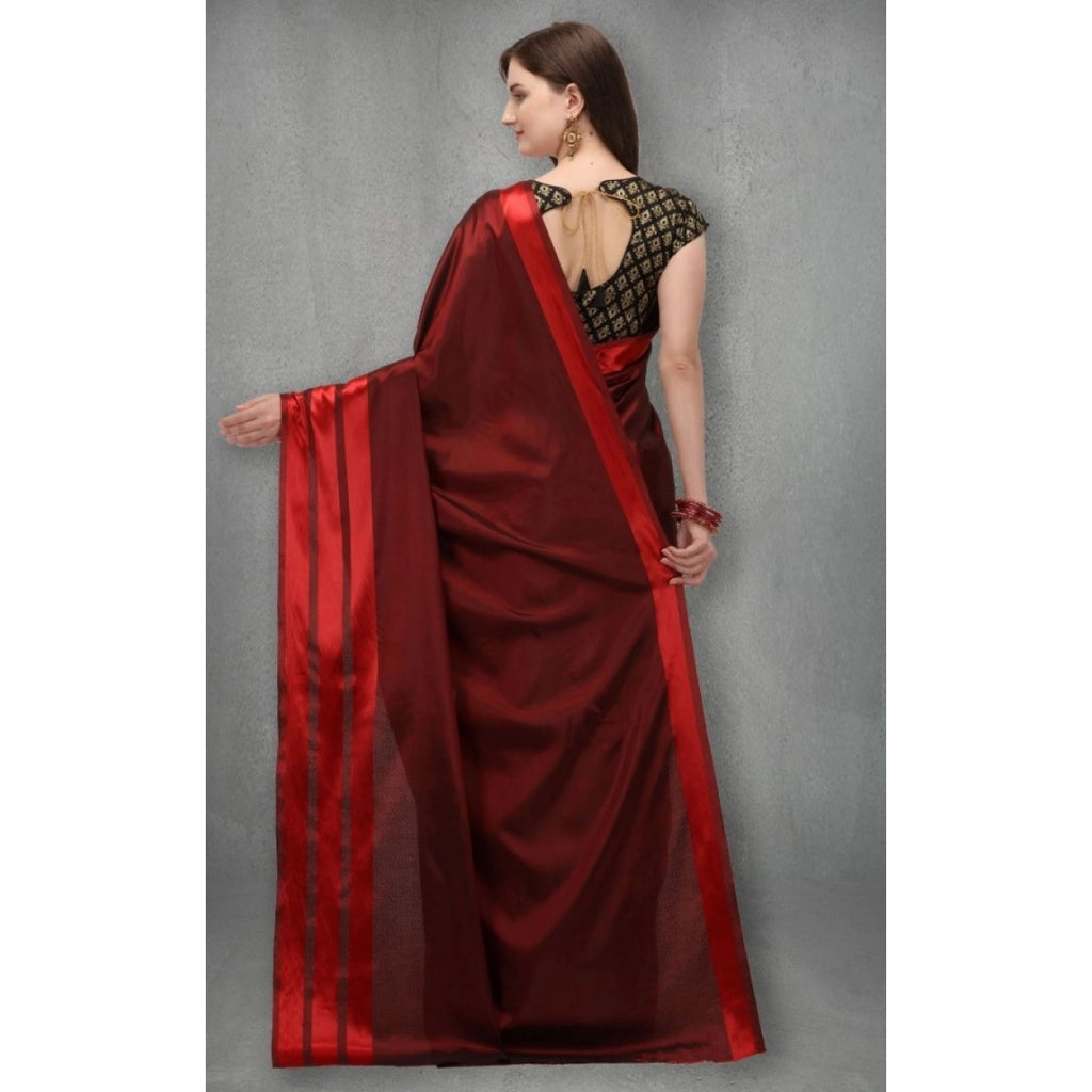 Women's Satin Silk Striped Saree With Unstitched Blouse - Red