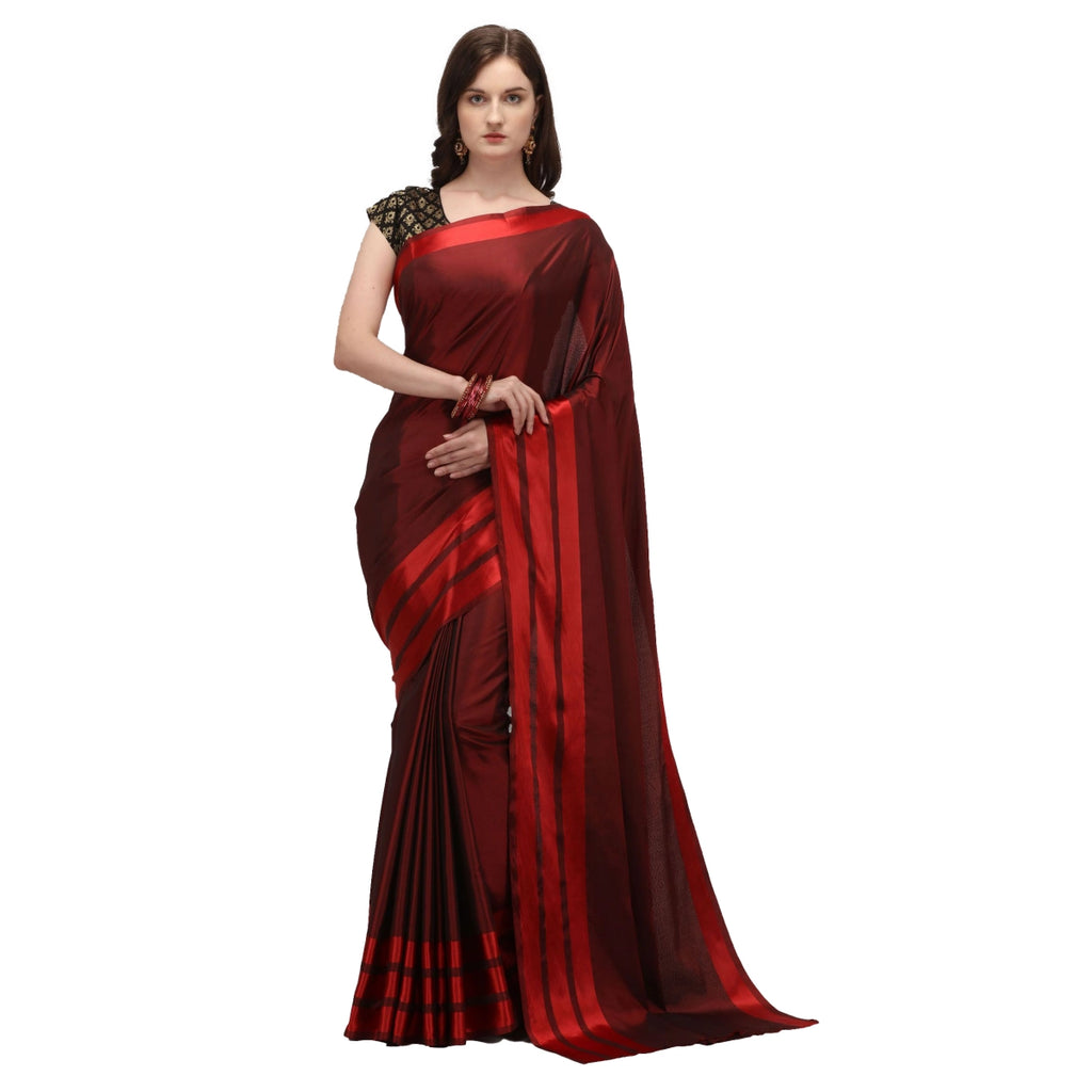 Women's Satin Silk Striped Saree With Unstitched Blouse - Red
