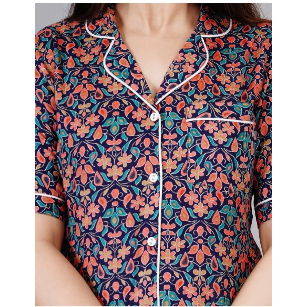 Women's Casual Half Sleeve Printed Viscose Rayon Shirt With Pyjama Pant Night Suit Set