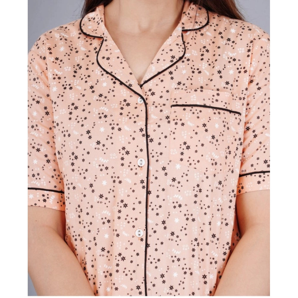 Women's Casual Half Sleeve Printed Viscose Rayon Shirt With Pyjama Pant Night Suit Set