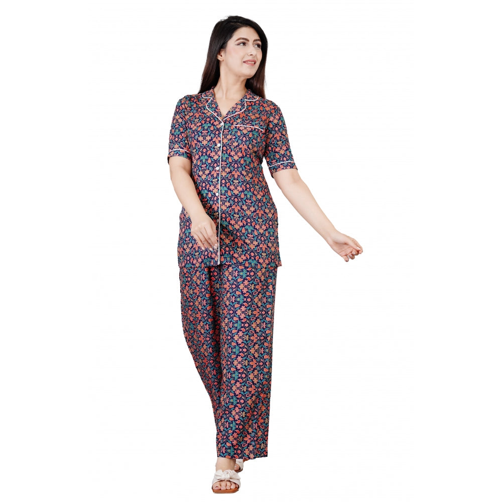 Women's Casual Half Sleeve Printed Viscose Rayon Shirt With Pyjama Pant Night Suit Set