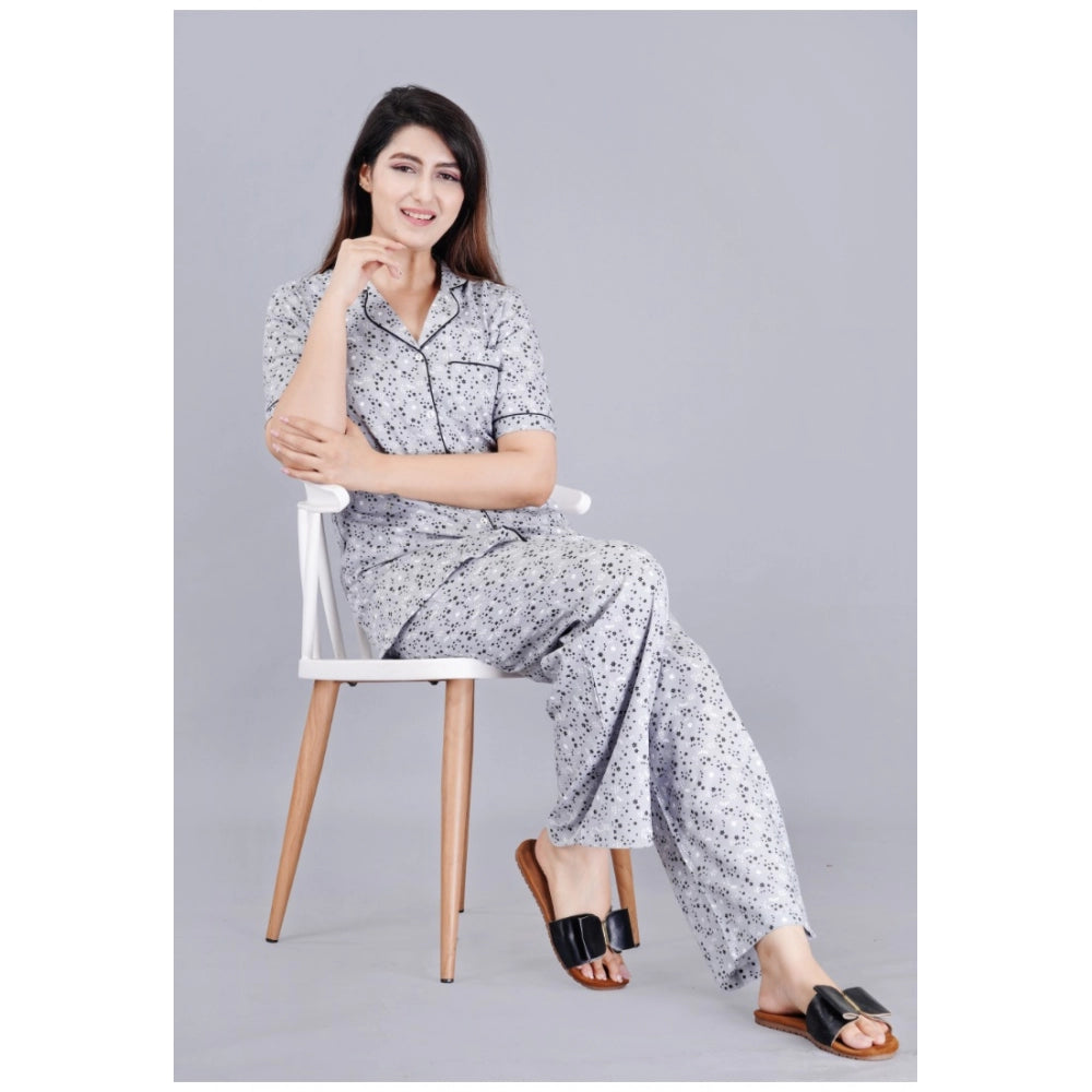Women's Casual Half Sleeve Printed Viscose Rayon Shirt With Pyjama Pant Night Suit Set