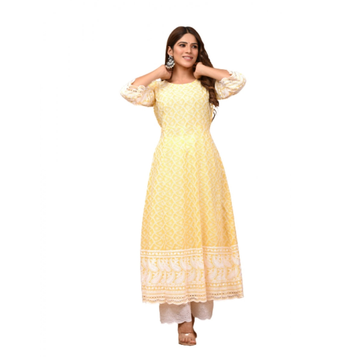 Women's Cotton Embroidered Kurti Set - Yellow (3/4th Sleeve)