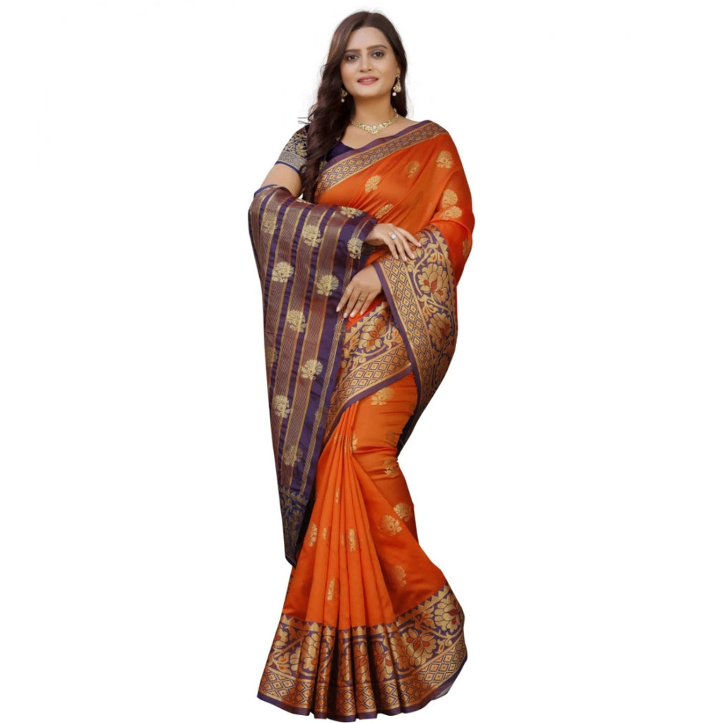 Women's Silk Blend Woven Saree With Unstitched Blouse - Gold Orange