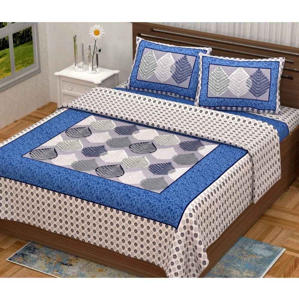 Generic Cotton Printed Queen Size Bedsheet With 2 Pillow Covers (Blue, 90x100 Inch)