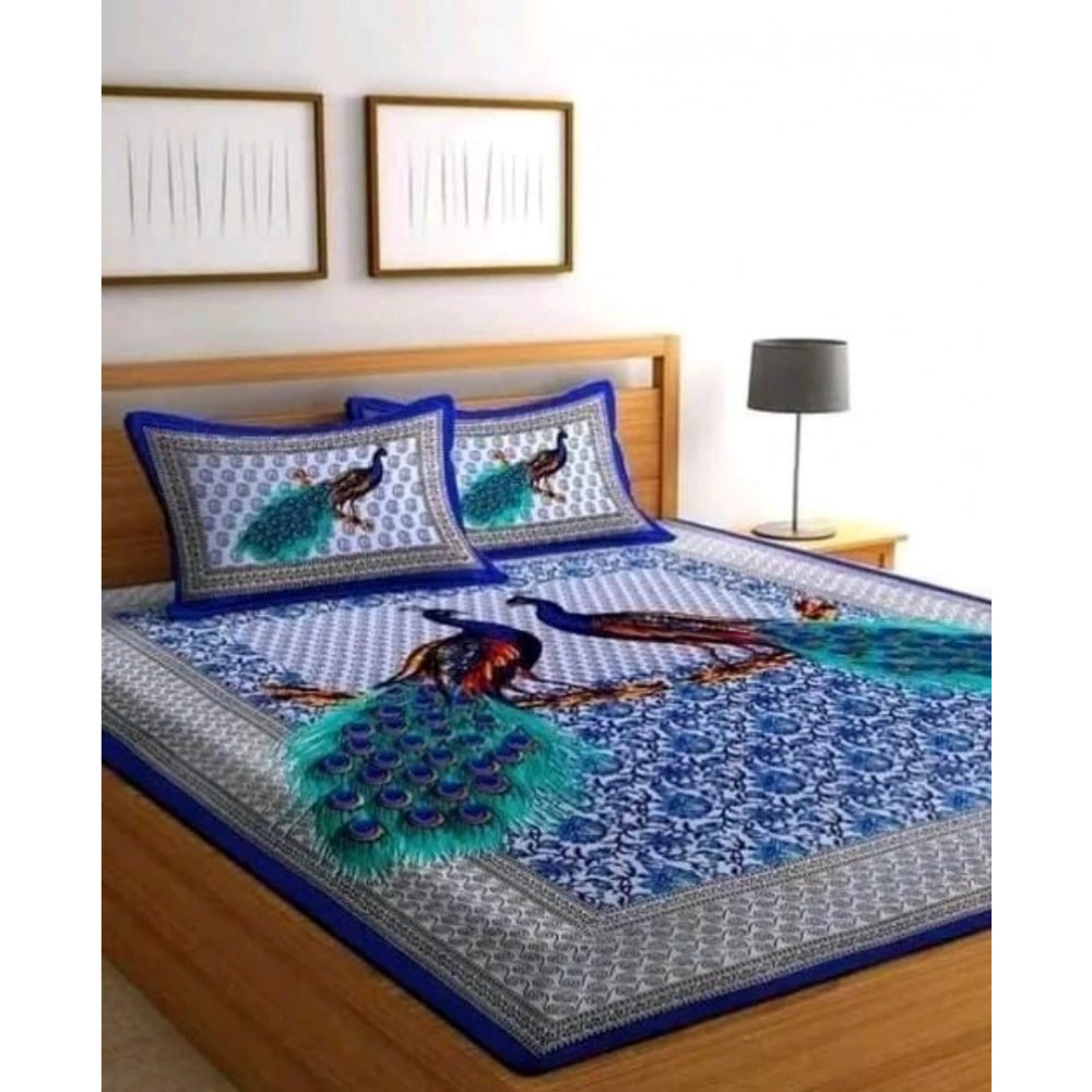 Generic Cotton Printed Queen Size Bedsheet With 2 Pillow Covers (Blue, 90x100 Inch)