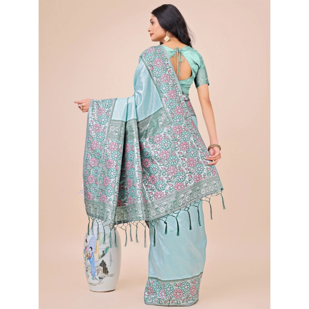 Women's Lichi Silk Printed Saree with Unstitched Blouse - Teal (5.5m)