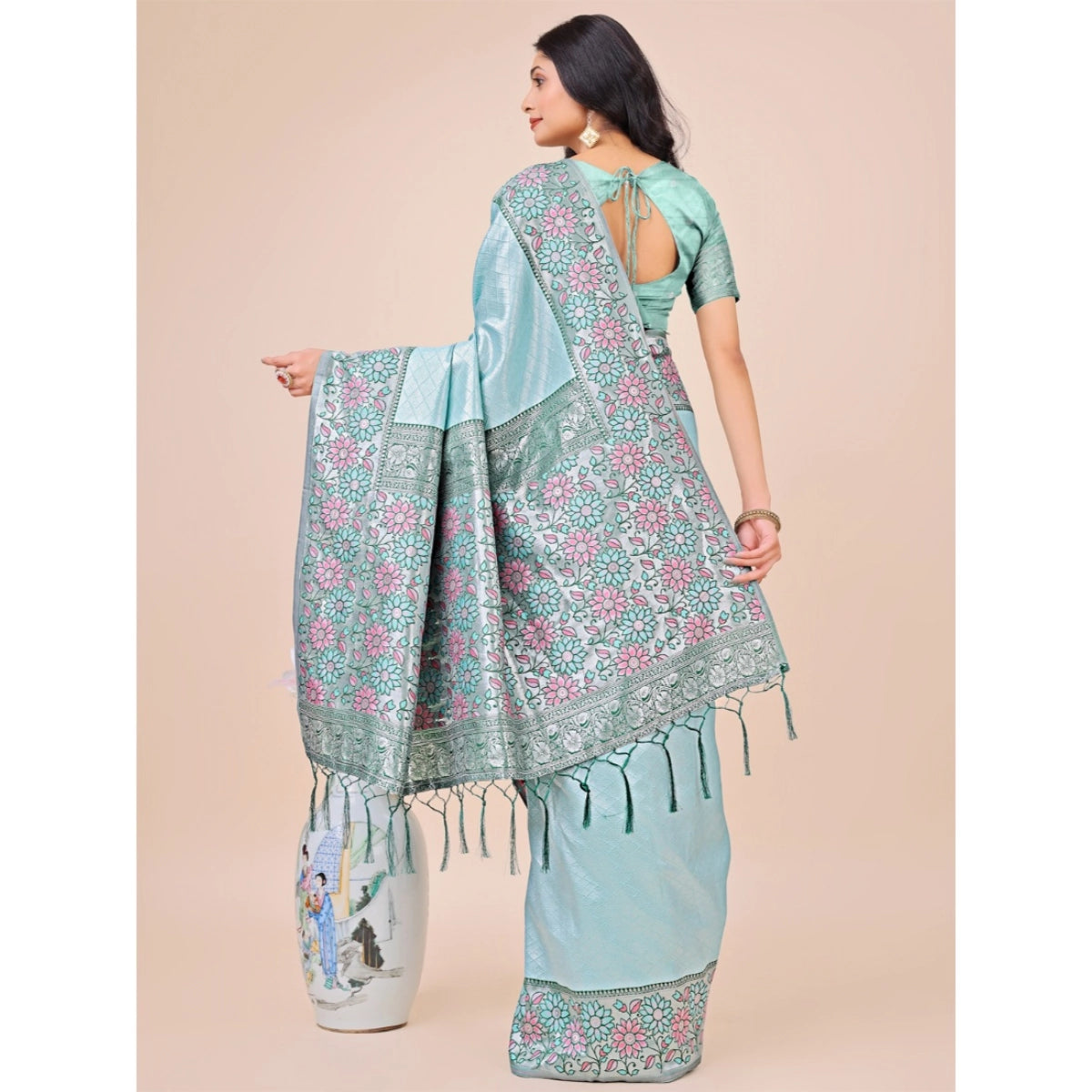 Women's Lichi Silk Printed Saree with Unstitched Blouse - Teal (5.5m)