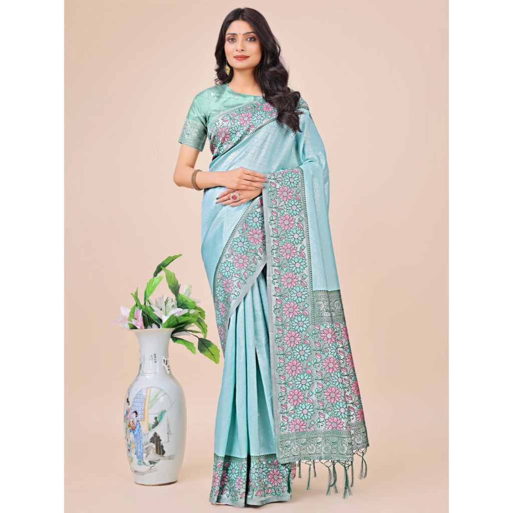 Women's Lichi Silk Printed Saree with Unstitched Blouse - Teal (5.5m)