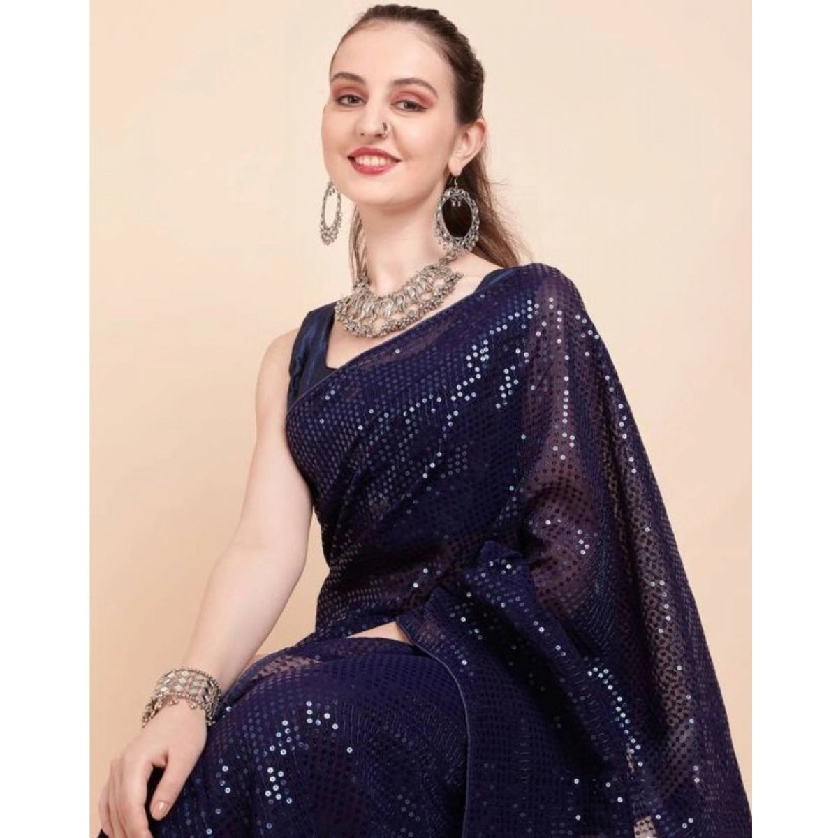 Women's Georgette Embellished Sequnece Bollywood Saree With Unstitched Blouse