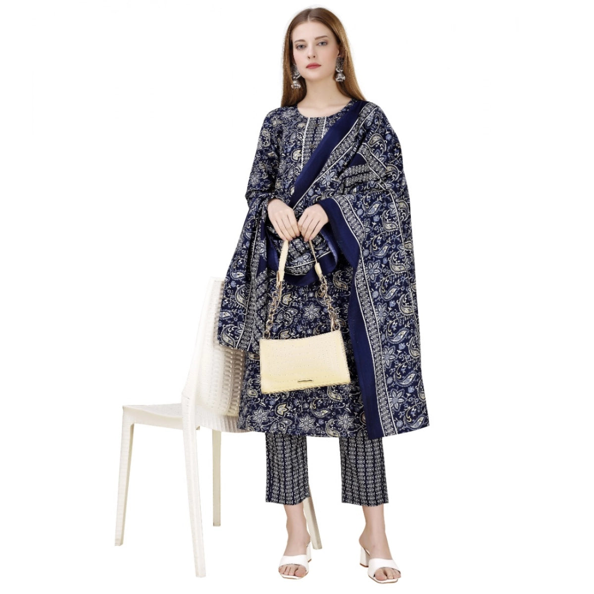 Women's Cotton Blend Printed 3-4 th Sleeve Round Neck Kurti With Pant Dupatta Set