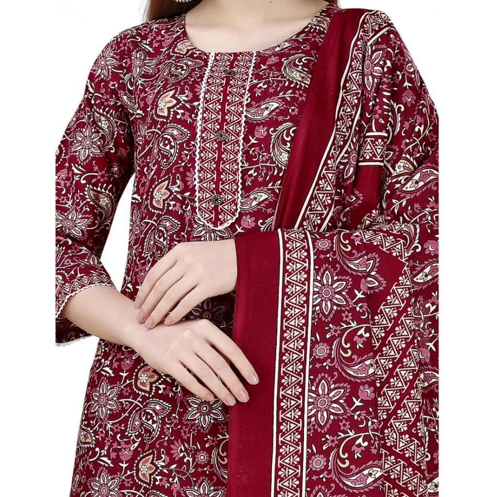 Women's Cotton Blend Printed 3-4 th Sleeve Round Neck Kurti With Pant Dupatta Set