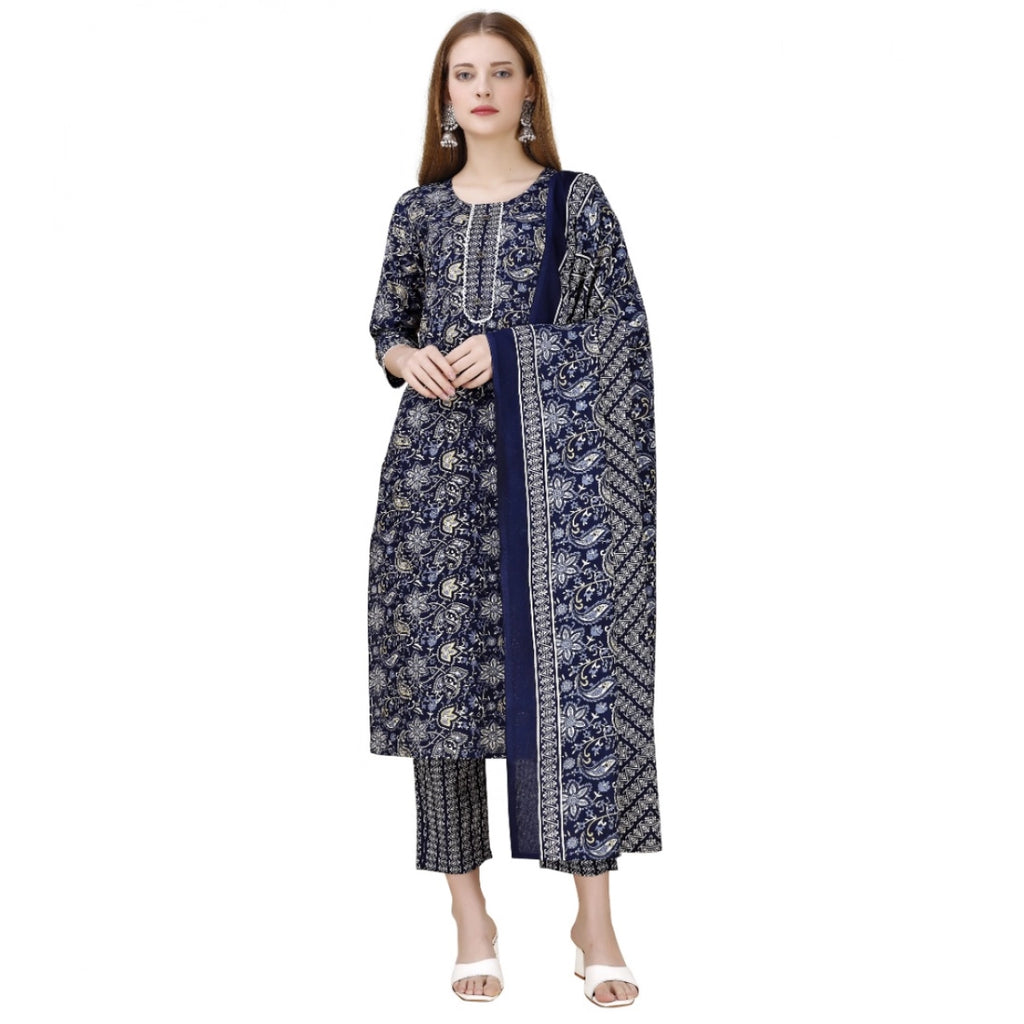 Women's Cotton Blend Printed 3-4 th Sleeve Round Neck Kurti With Pant Dupatta Set