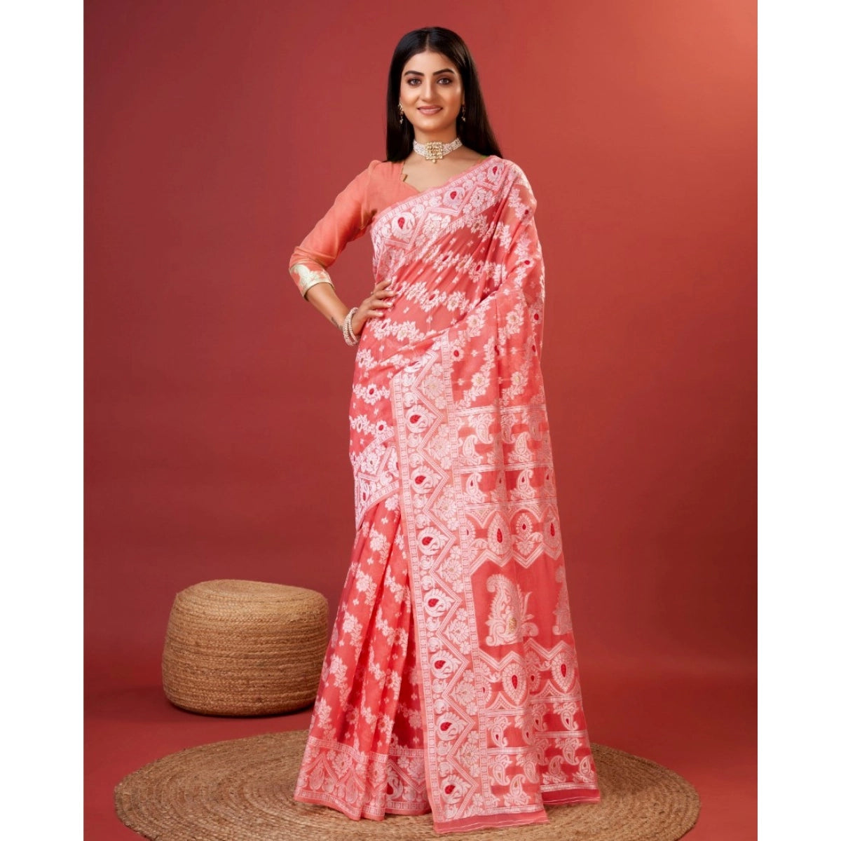 Women's Cotton Silk Printed Saree with Unstitched Blouse - Peach (5.5m)