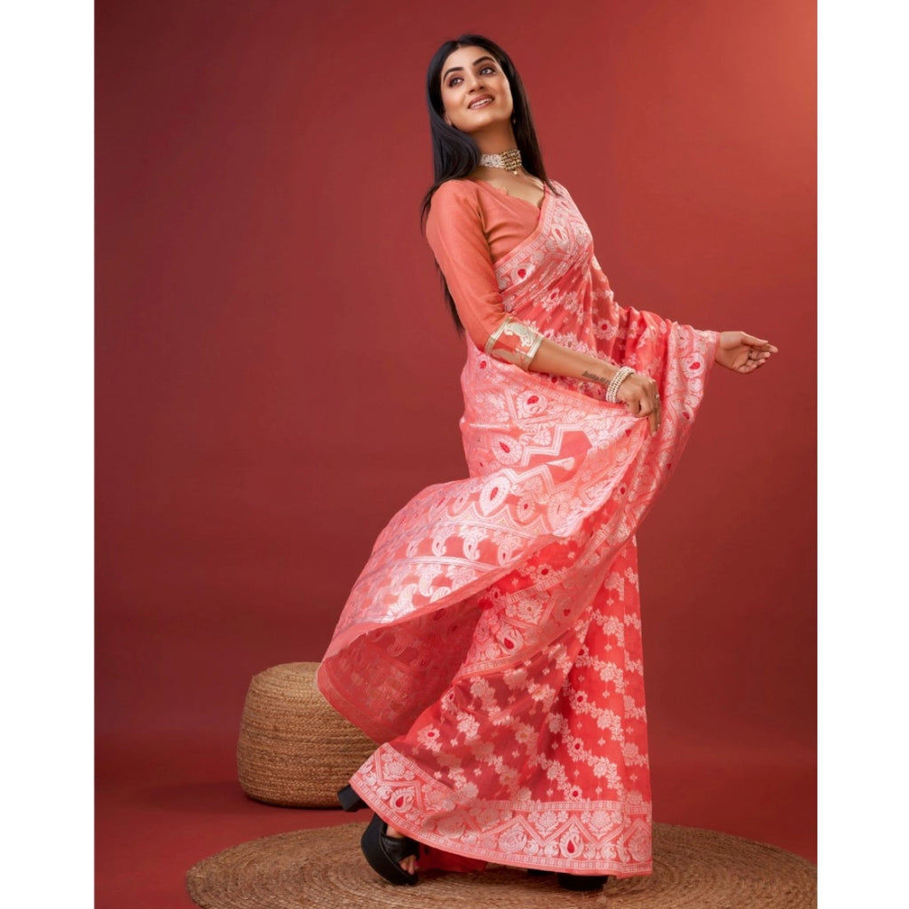 Women's Cotton Silk Printed Saree with Unstitched Blouse - Peach (5.5m)