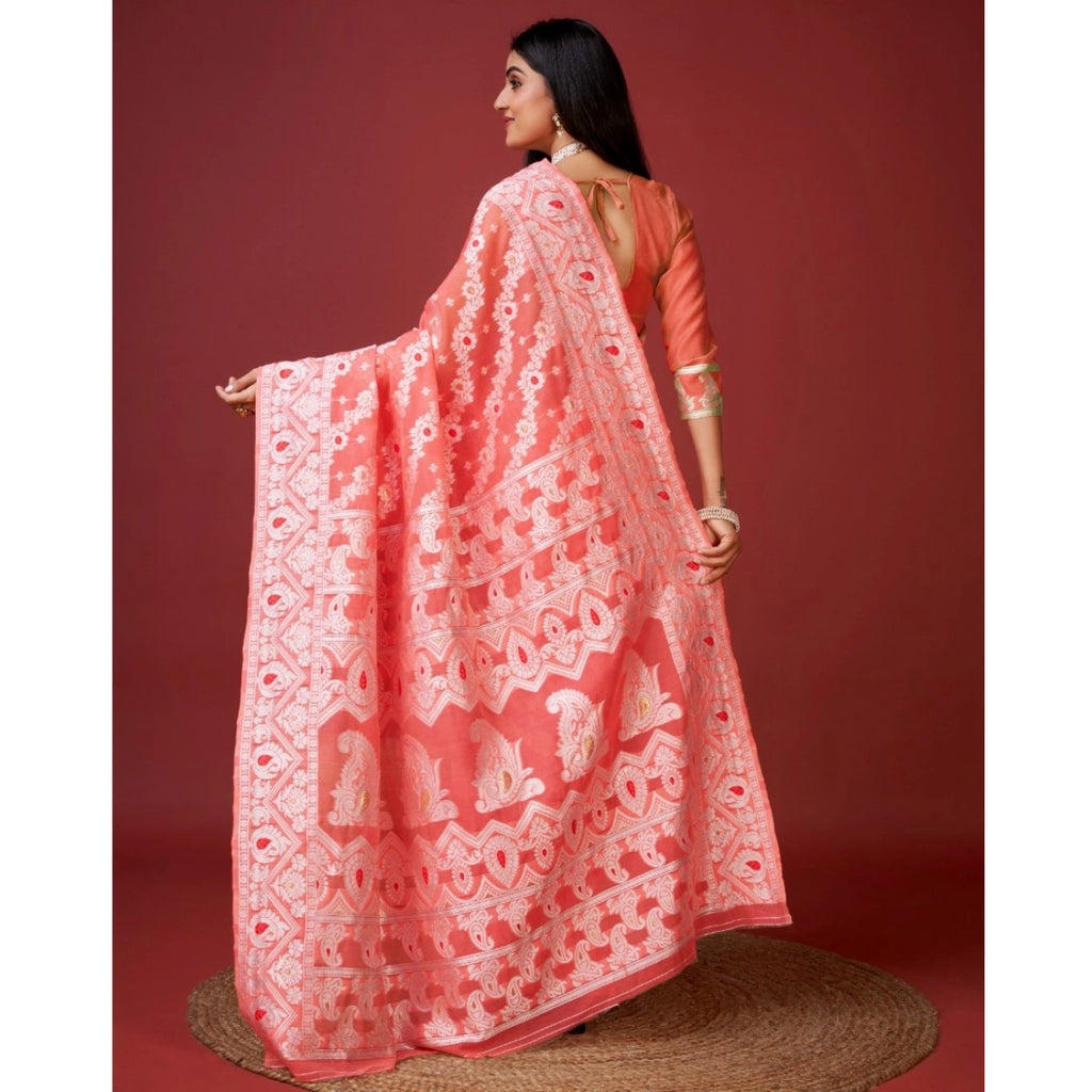 Women's Cotton Silk Printed Saree with Unstitched Blouse - Peach (5.5m)