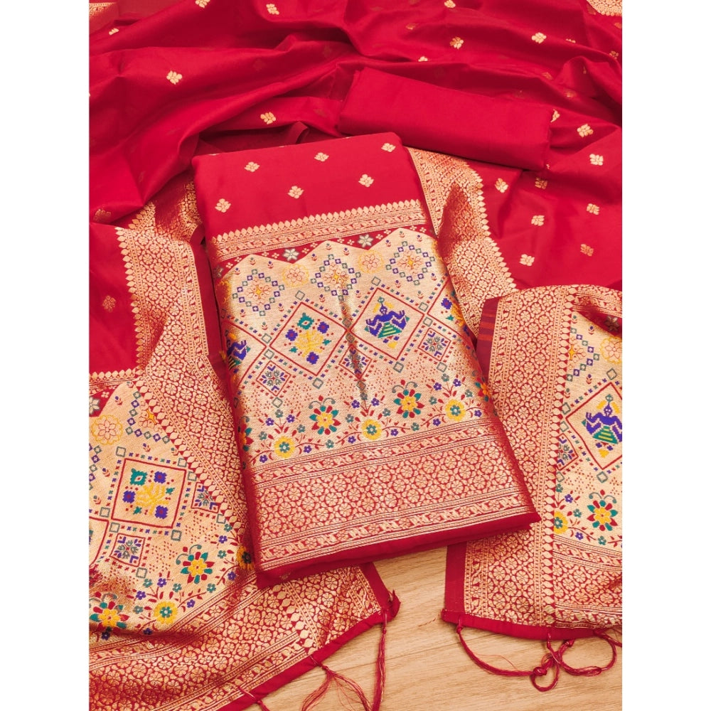 Women's Banarasi Silk Printed Unstitched Salwar Suit Material With Dupatta - Red