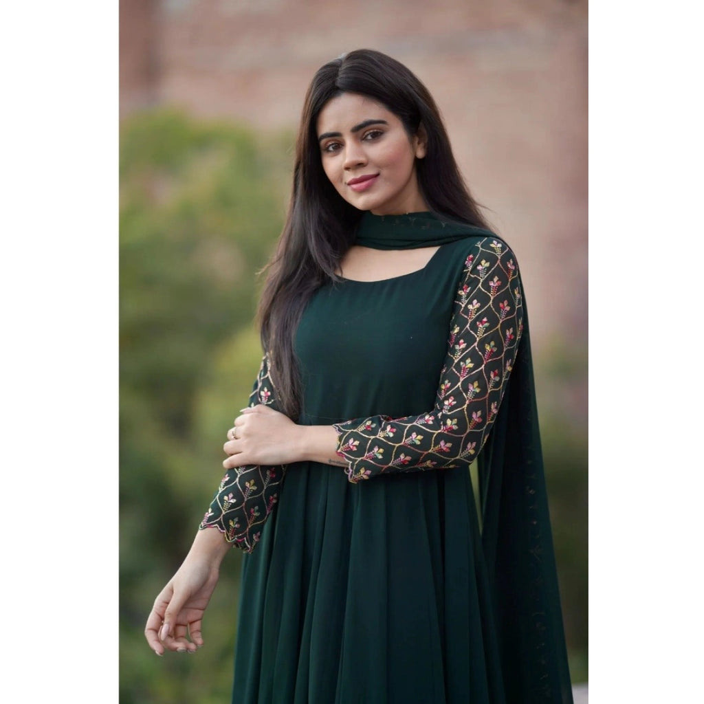 Women's Georgette Embroidery Gown Kurta with Dupatta Set - Green
