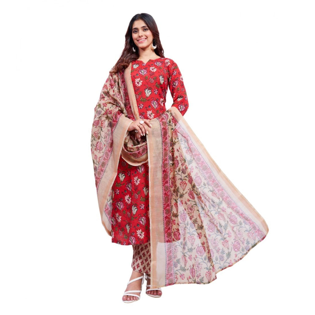 Women's Cotton Blend Printed Kurti With Pant Dupatta Set (Rama)