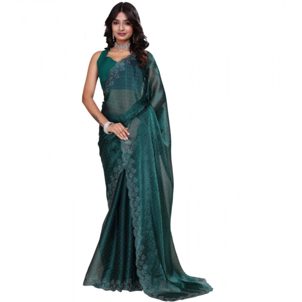 Women's Jimmy Choo Embellished Saree With Unstitched Blouse - Green