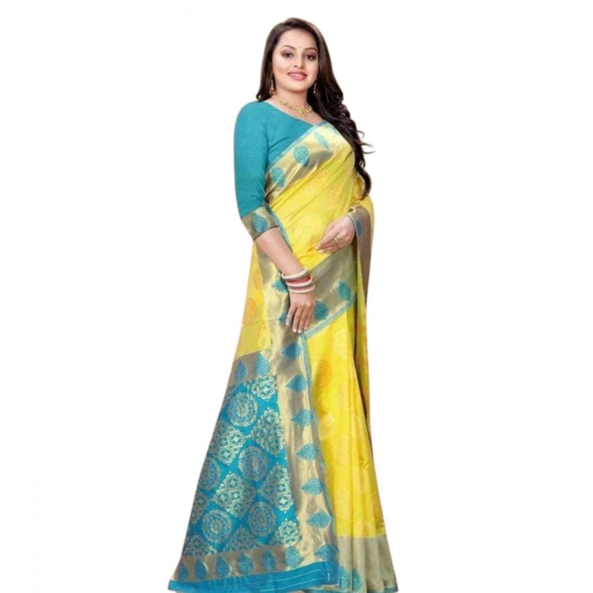 Women's Litchi Silk Printed Saree With Unstitched Blouse - Yellow