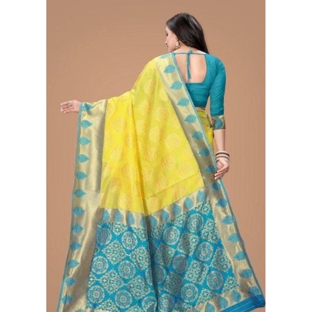 Women's Litchi Silk Printed Saree With Unstitched Blouse - Yellow