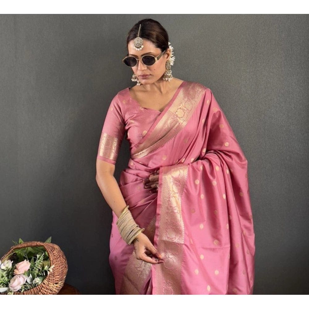 Women satin Silk Printed Saree | Pink