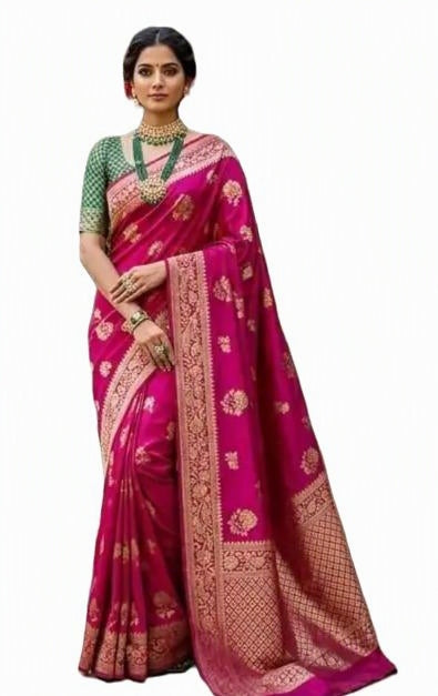 Soft Lichi Silk Saree with Jacquard Work | Deep Pink