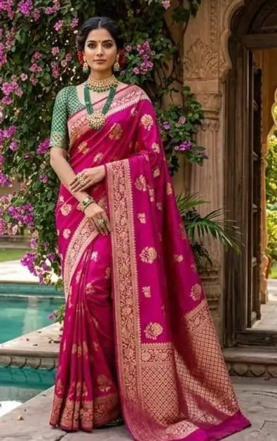 Beautiful Soft Lichi Silk Saree with Jacquard Work | Pink
