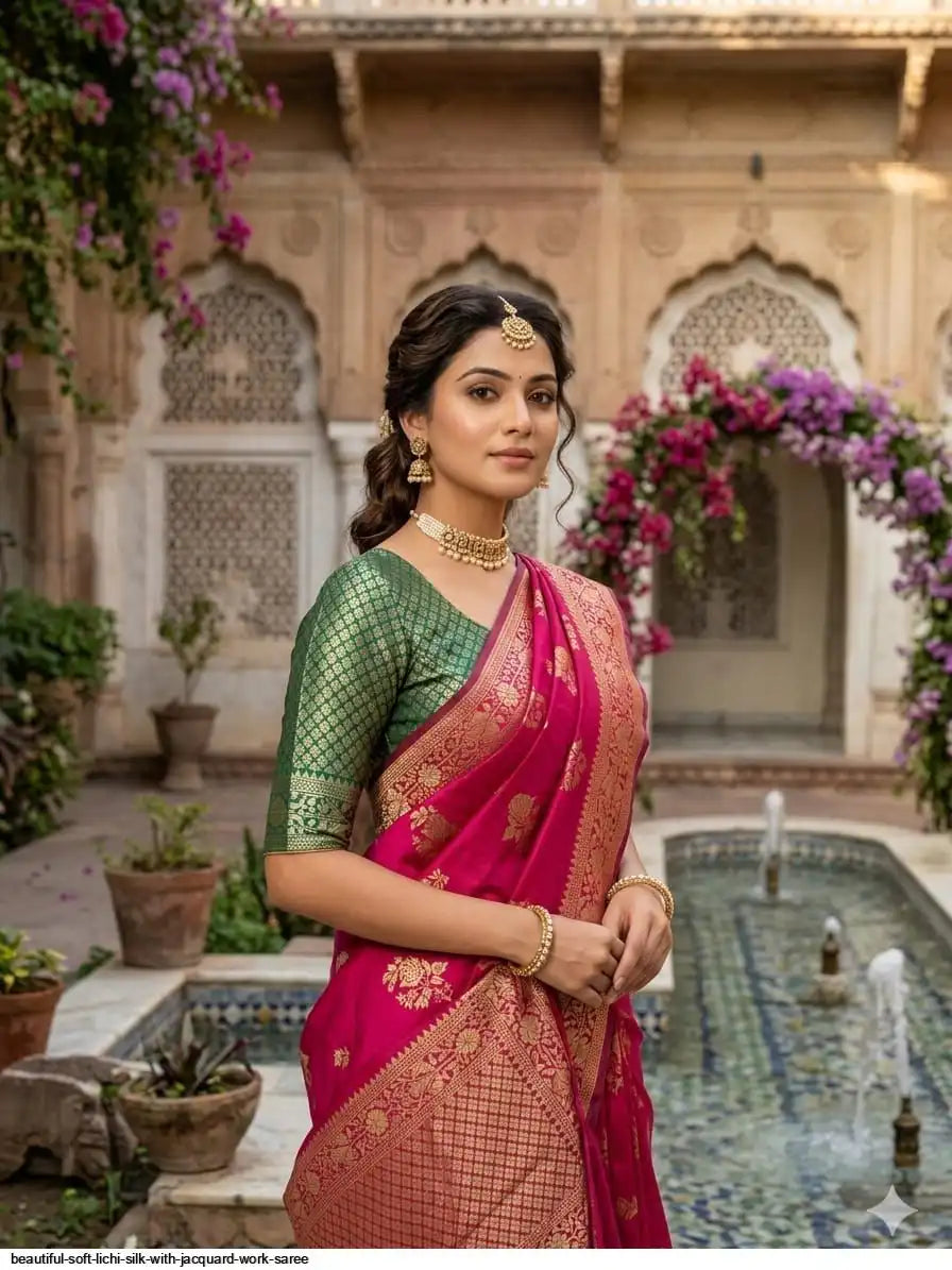 Soft Lichi Silk Saree with Jacquard Work | Deep Pink