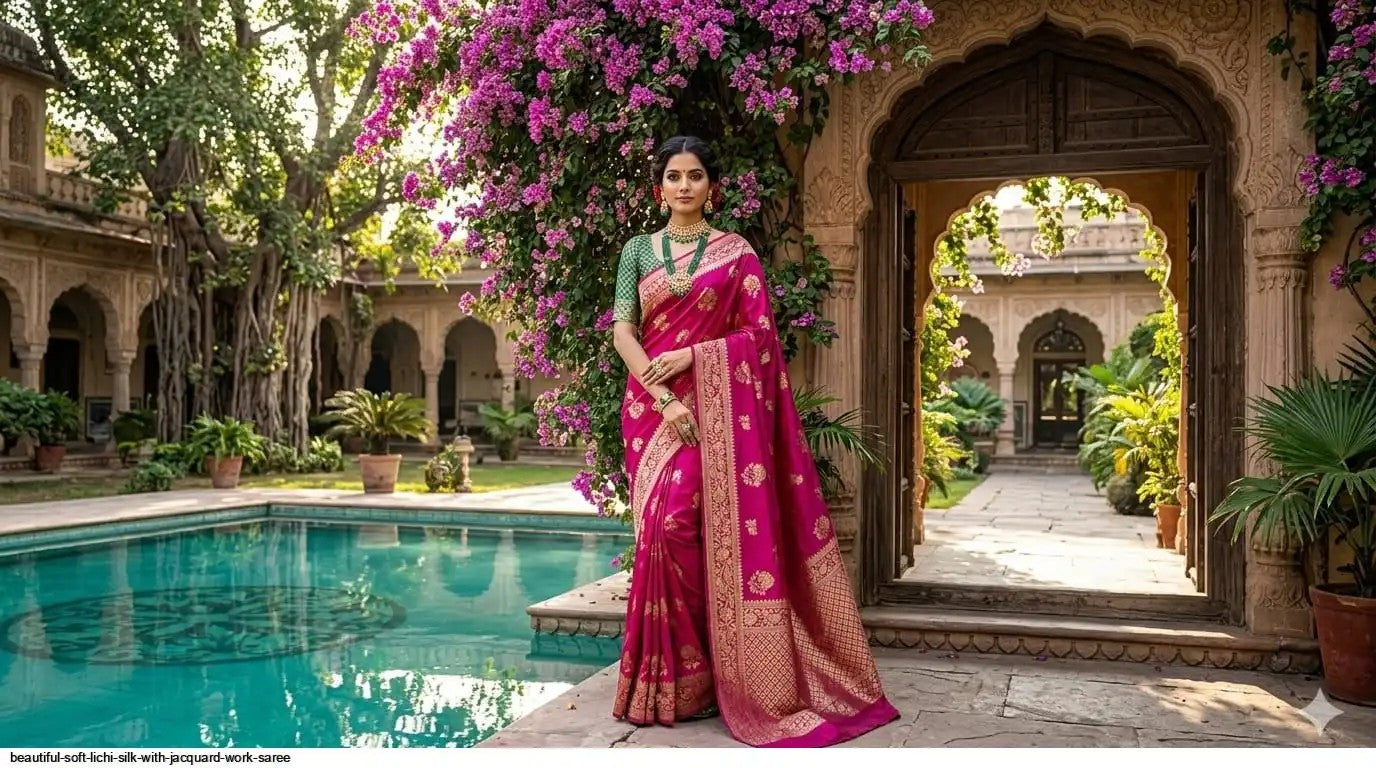 Soft Lichi Silk Saree with Jacquard Work | Deep Pink