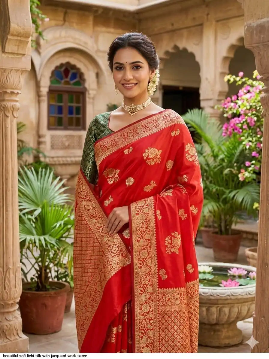 Beautiful Soft Lichi Silk Saree with Jacquard Work | Red