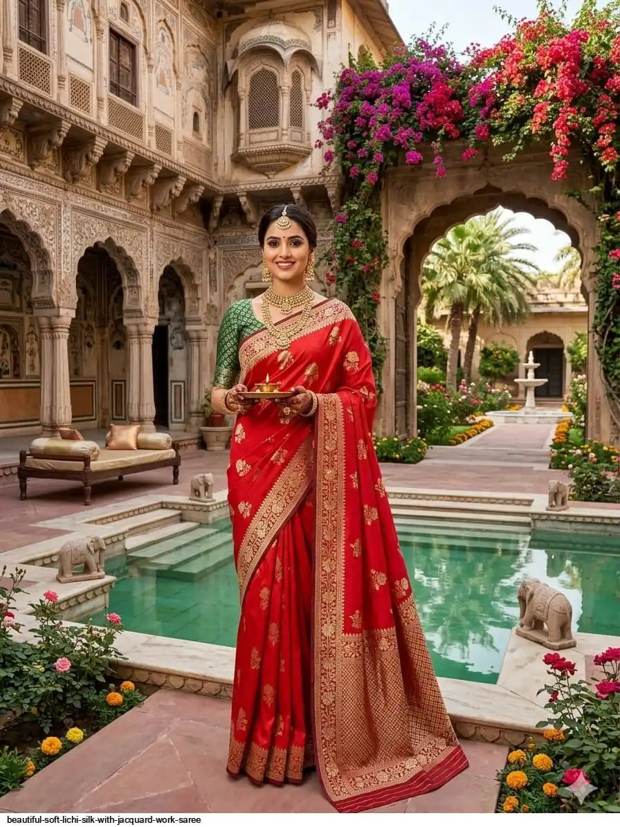 Beautiful Soft Lichi Silk Saree with Jacquard Work | Red
