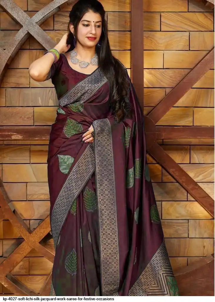 KP 4027 Soft Lichi Silk Jacquard Saree | Brown