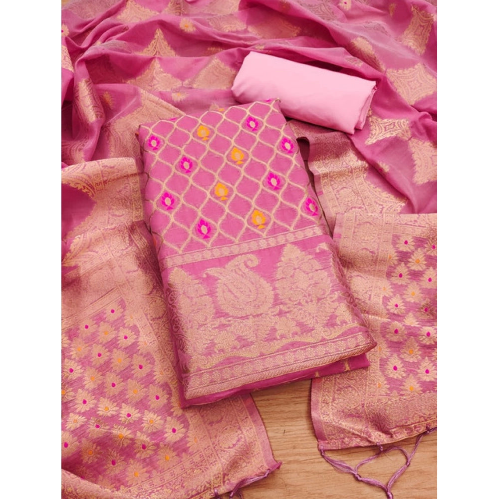 Women's Banarasi Silk Printed Unstitched Salwar Suit Material With Dupatta - Pink