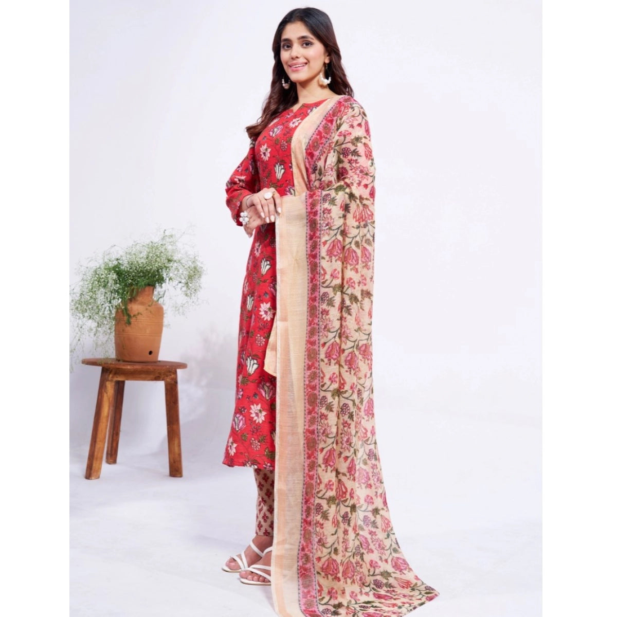 Women's Cotton Blend Printed Kurti With Pant Dupatta Set (Rama)