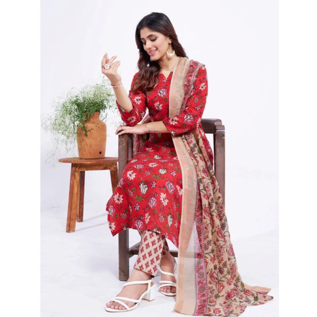 Women's Cotton Blend Printed Kurti With Pant Dupatta Set (Rama)