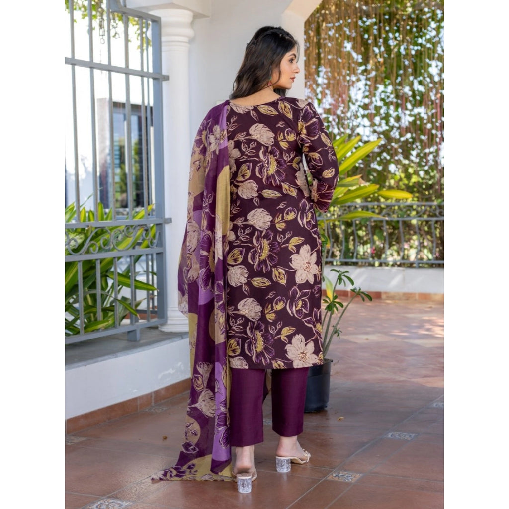 Women's Cotton Blend Printed Kurti With Pant Dupatta Set