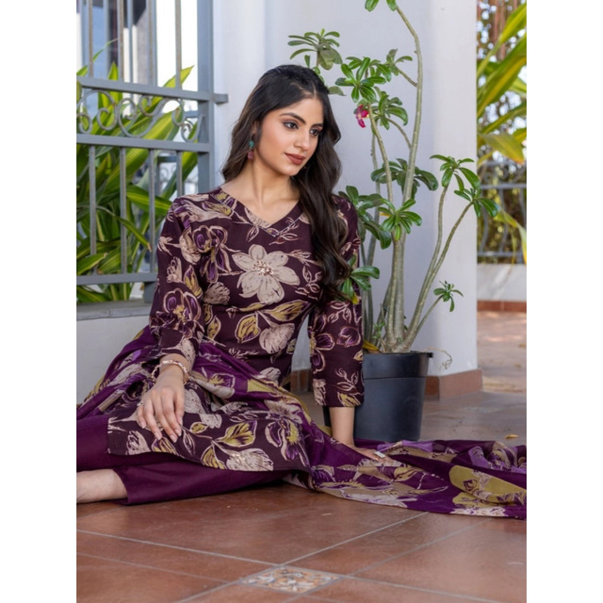 Women's Cotton Blend Printed Kurti With Pant Dupatta Set