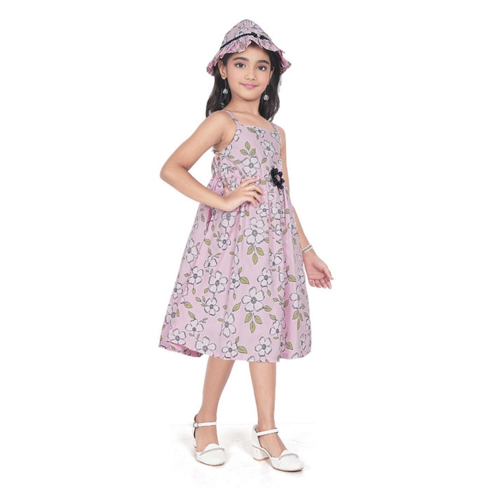Generic Girl's Cotton Printed Sleeve Less Round Neck Dress (Pink)