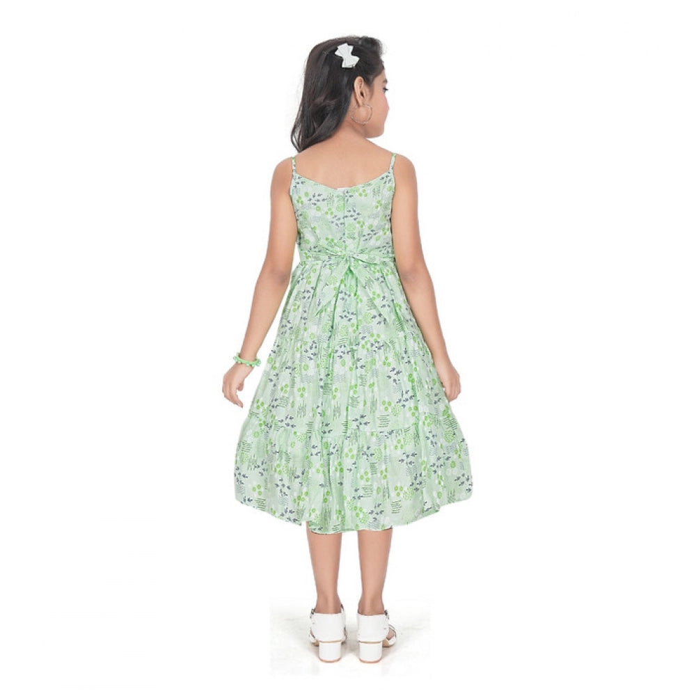 Generic Girl's Cotton Slub Printed Sleeve Less Round Neck Dress (Sea Green)