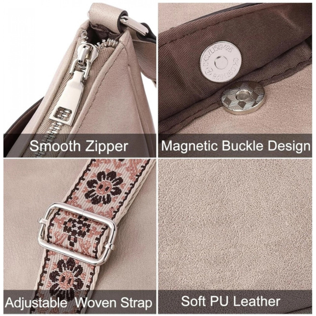 Women's PU Leather Zipper Sling Bag Beige Medium