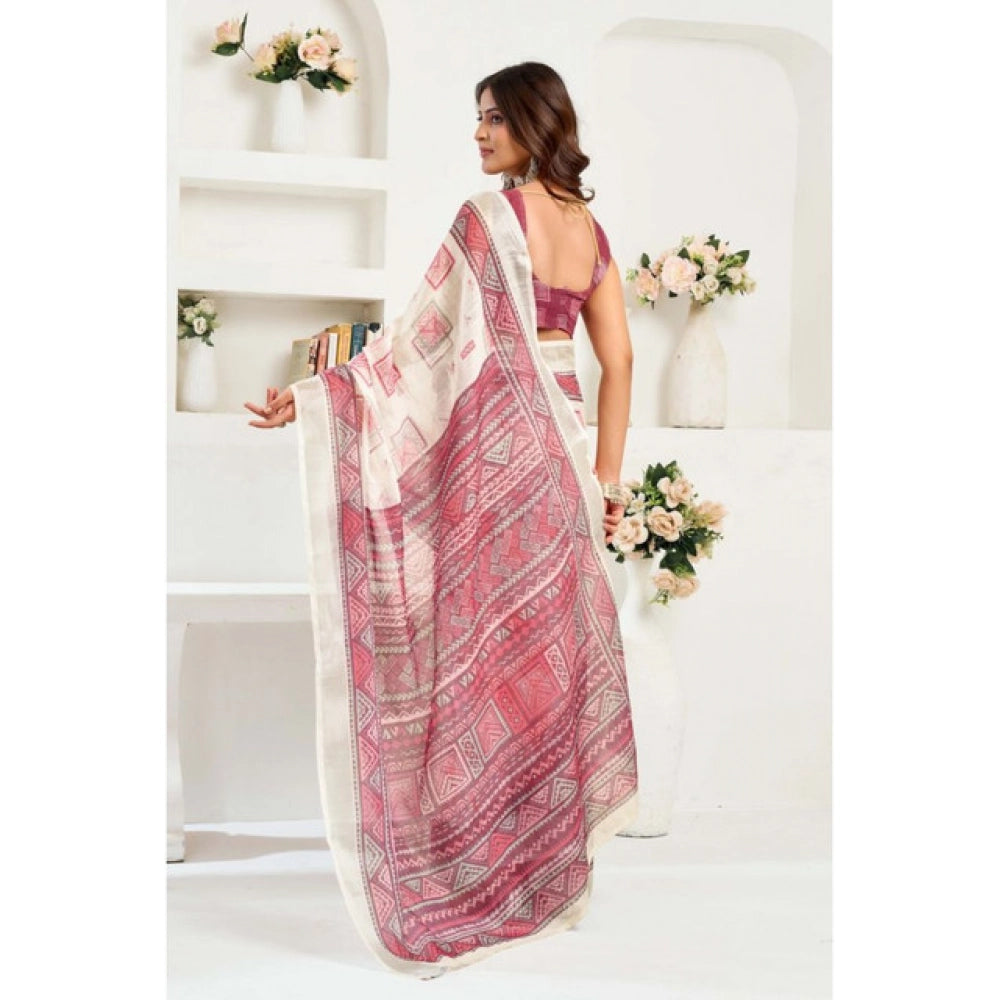 Women's Linen Cotton Printed Ready To Wear Saree With Unstitched Blouse
