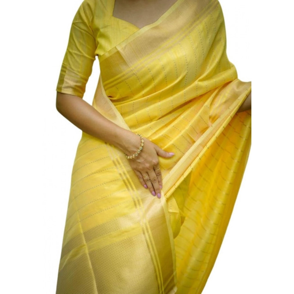 Generic Women's Faux_Banarasi Lining Pattern Saree With Unstitched Blouse 5.5Mtr (Yellow)