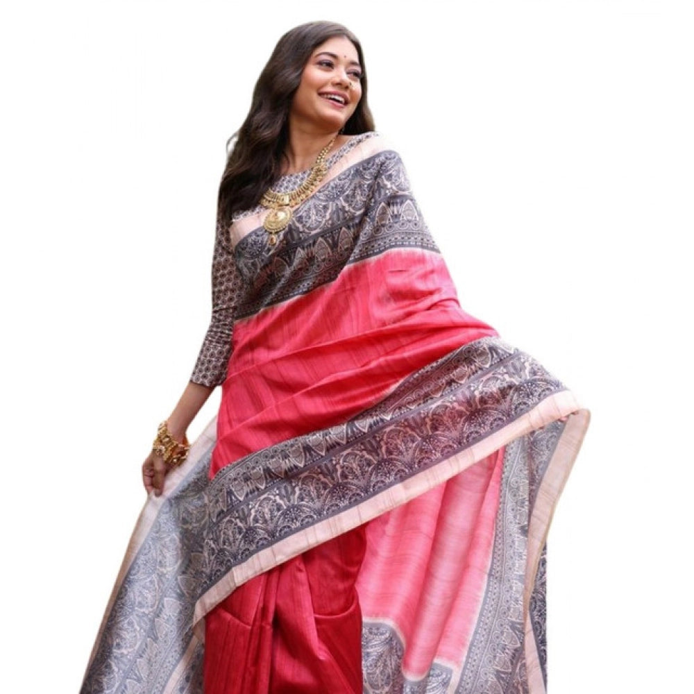 Generic Women's Faux_Tussar Ethnic_Print Saree With Unstitched Blouse 5.5Mtr (Red)
