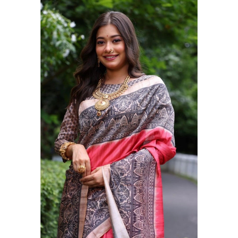 Generic Women's Faux_Tussar Ethnic_Print Saree With Unstitched Blouse 5.5Mtr (Red)