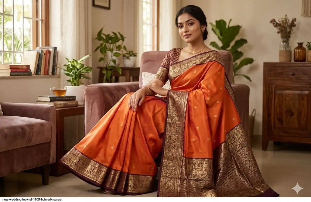 SF 1109 Lichi Silk Saree | Orange | Wedding Look