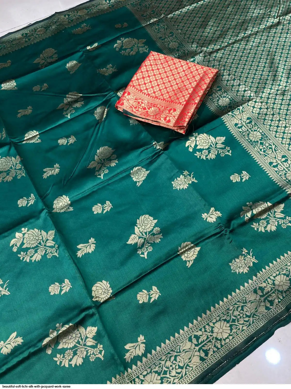 Beautiful Soft Lichi Silk Saree with Jacquard Work | Green